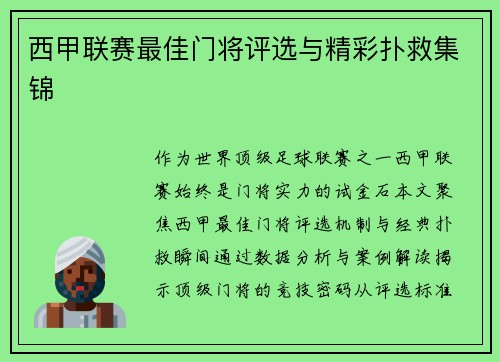 西甲联赛最佳门将评选与精彩扑救集锦