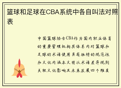 篮球和足球在CBA系统中各自叫法对照表