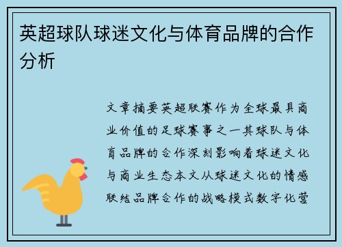 英超球队球迷文化与体育品牌的合作分析